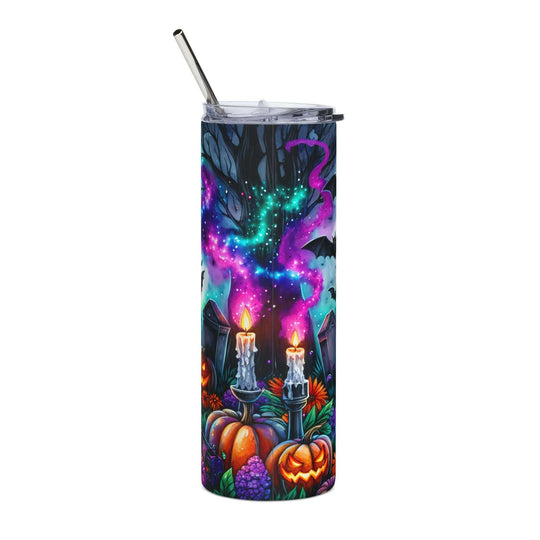 20oz Stainless Steel Tumbler — Haunted House Halloween (bats, tombstones, Jack-o'-lanterns) Mug Printify