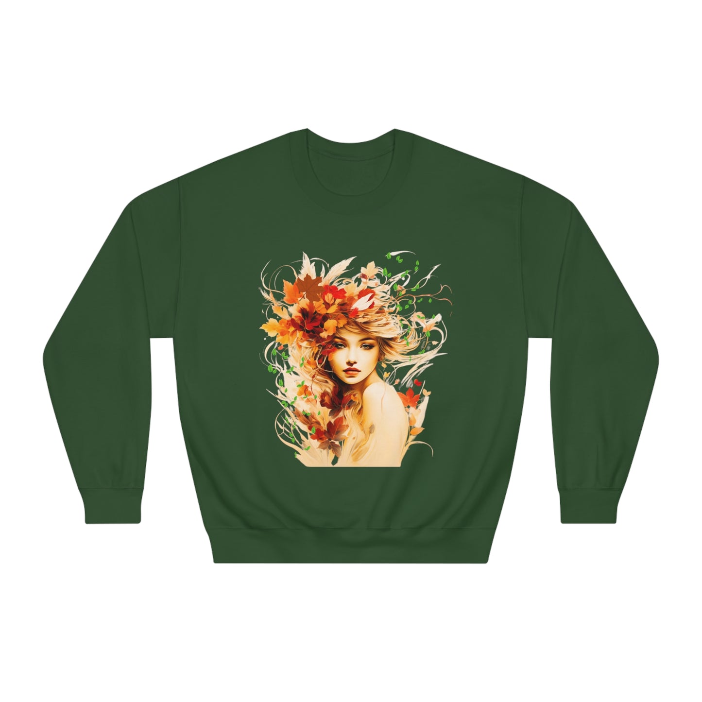 Whimsical Dreams in Autumn Hues: Romantic Dreamy Female Surrounded by Autumn Leaves Sweatshirt - Fairycore, Forestcore, Cottagecore-inspired Fashion Sweatshirt Forest Green S 