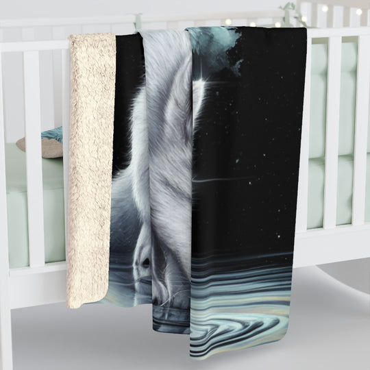 Sherpa Fleece Blanket - Wolf and Cub Moonlit Night Scene Home Decor Printify