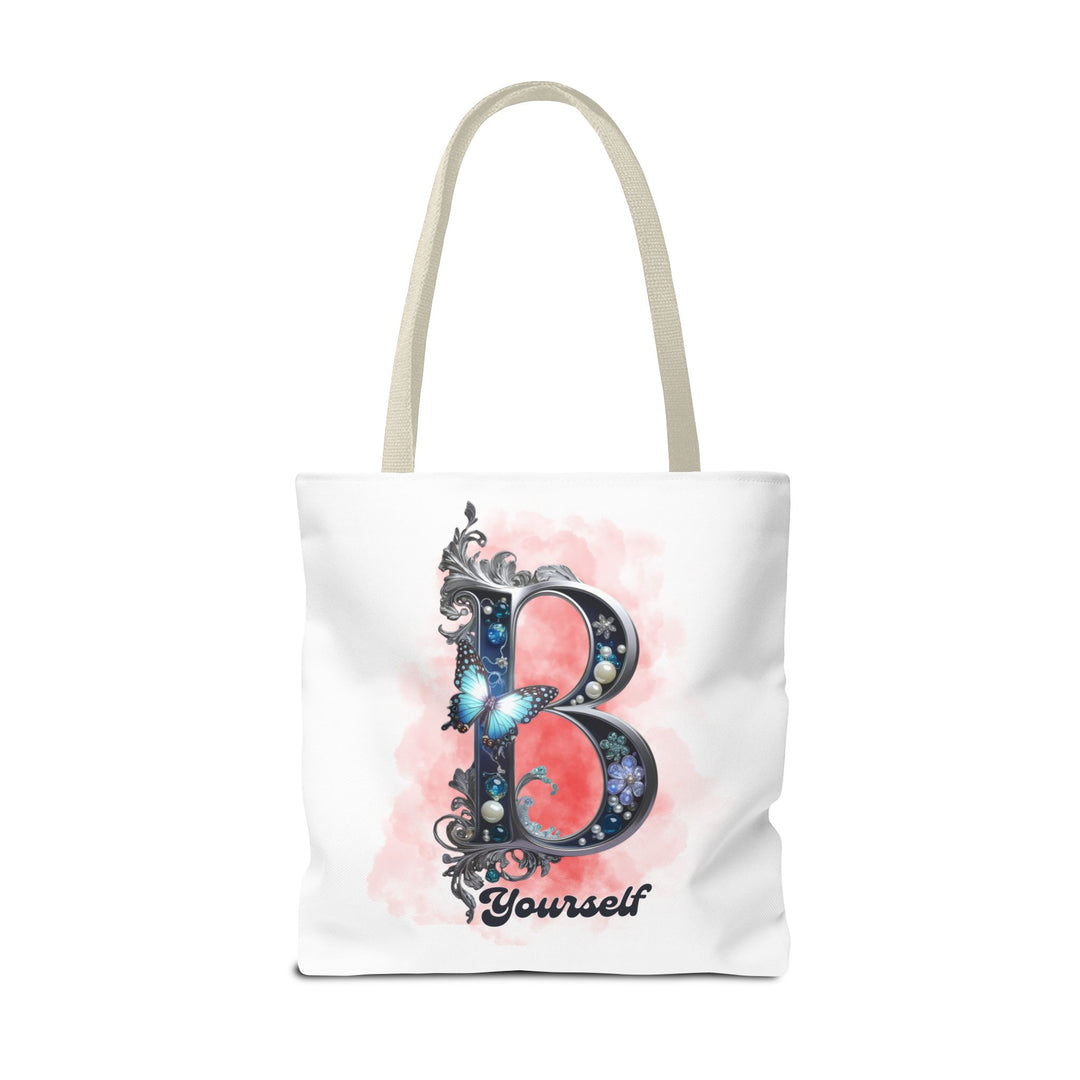 Elegant Feminine Tote Bag with Embellished 'B' and 'Yourself' Bags Printify 18" × 18'' Beige