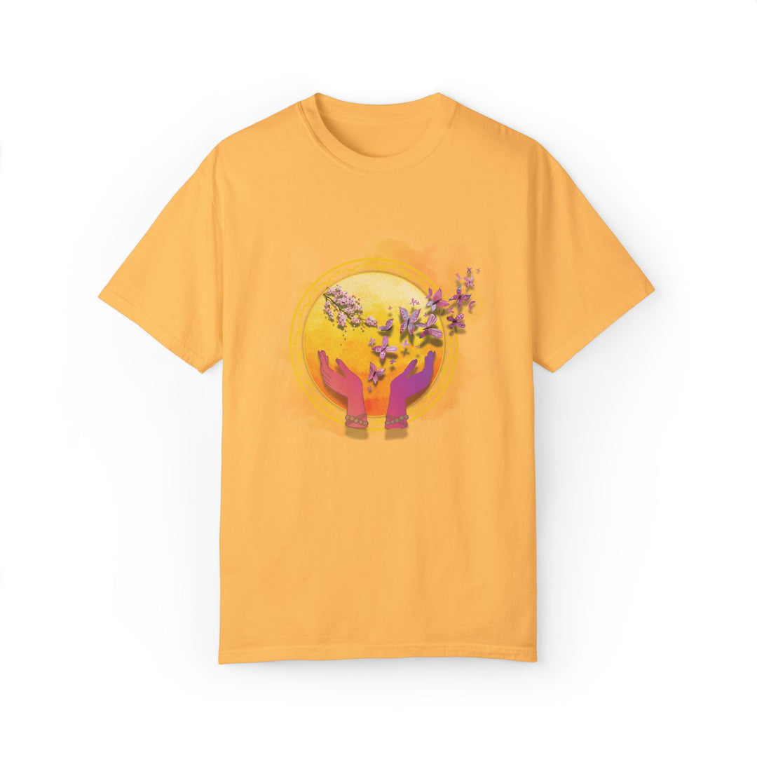 Spiritual Symbol Hands Garment-Dyed T-shirt with Flowers and Butterflies T-Shirt Printify Citrus S