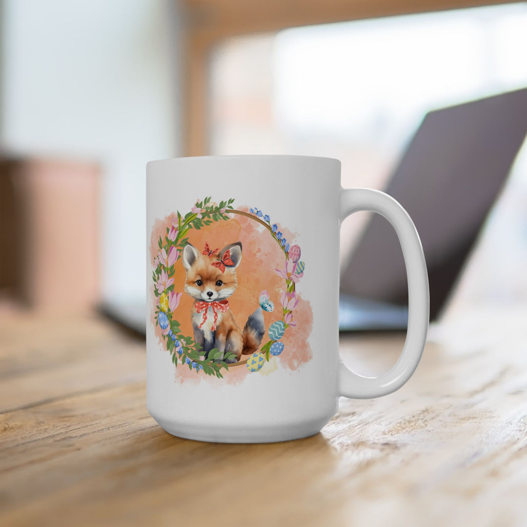 Fox Ceramic Mug - Easter Springtime Floral Wreath Mug Printify