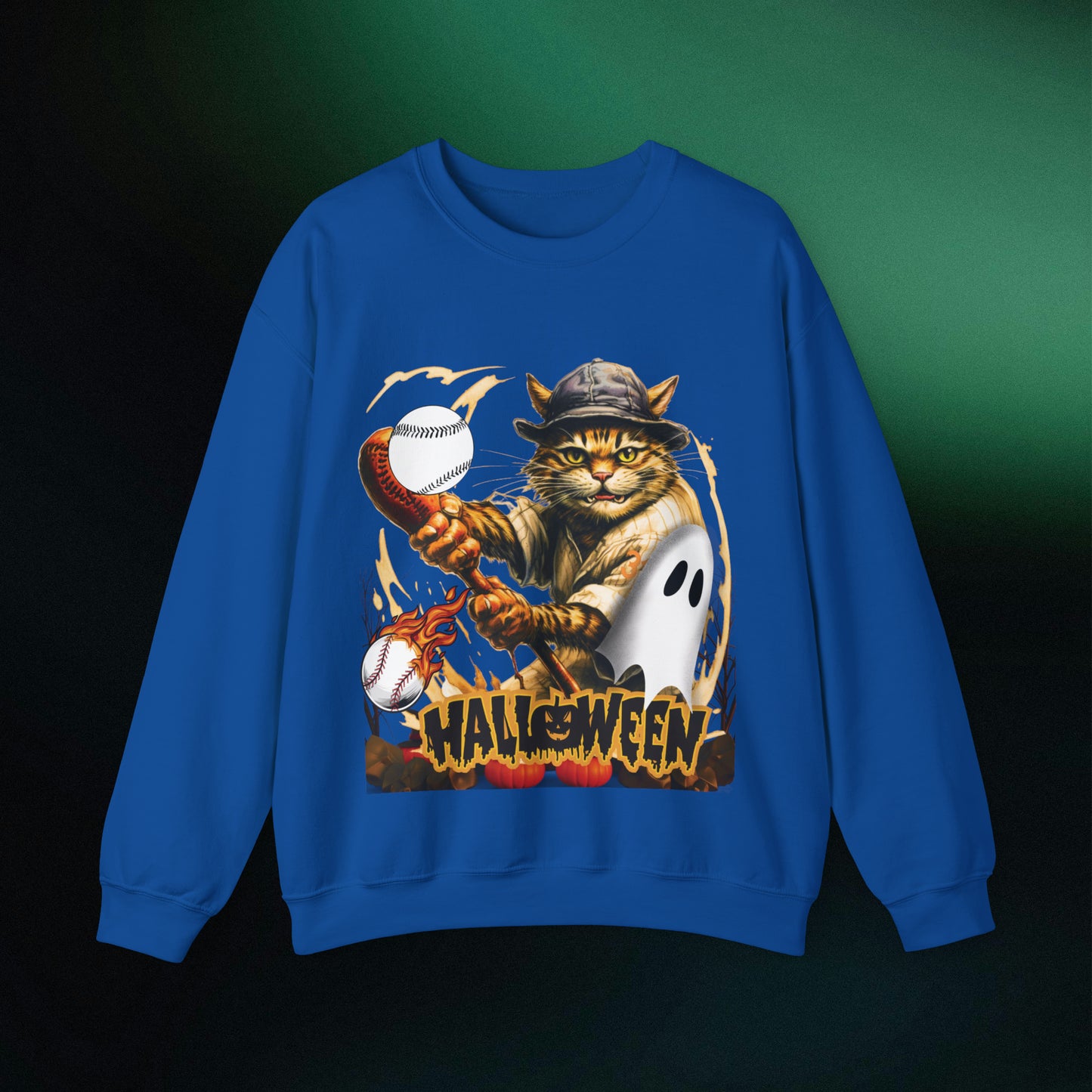 Halloween Cat Baseball Sweatshirt | Playful Feline and Pumpkins | Spooky Sports | Halloween Fun Sweatshirt Sweatshirt S Royal 