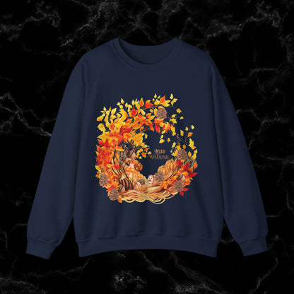 Hello Autumn Sweatshirt | Fall Design - Fall Seasonal Sweatshirt - Autumn Design Sweatshirt M Navy 