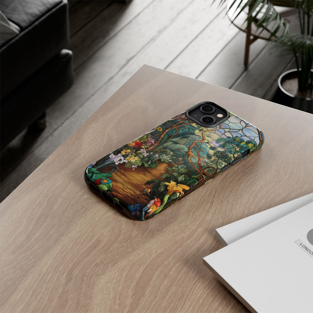 Phone Case - Stained Glass Garden Scene Phone Case Printify iPhone 14 Plus Glossy