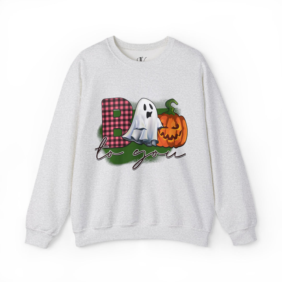 Boo To You! Cute Ghost and Pumpkin Sweatshirt Sweatshirt Printify S Ash