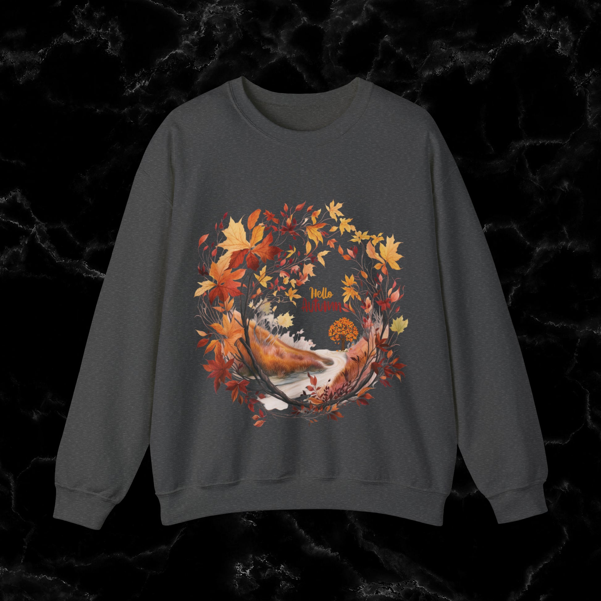 Hello Autumn Sweatshirt | Fall Design | Fall Seasonal Sweatshirt | Beauty Of Autumn Sweatshirt S Dark Heather 