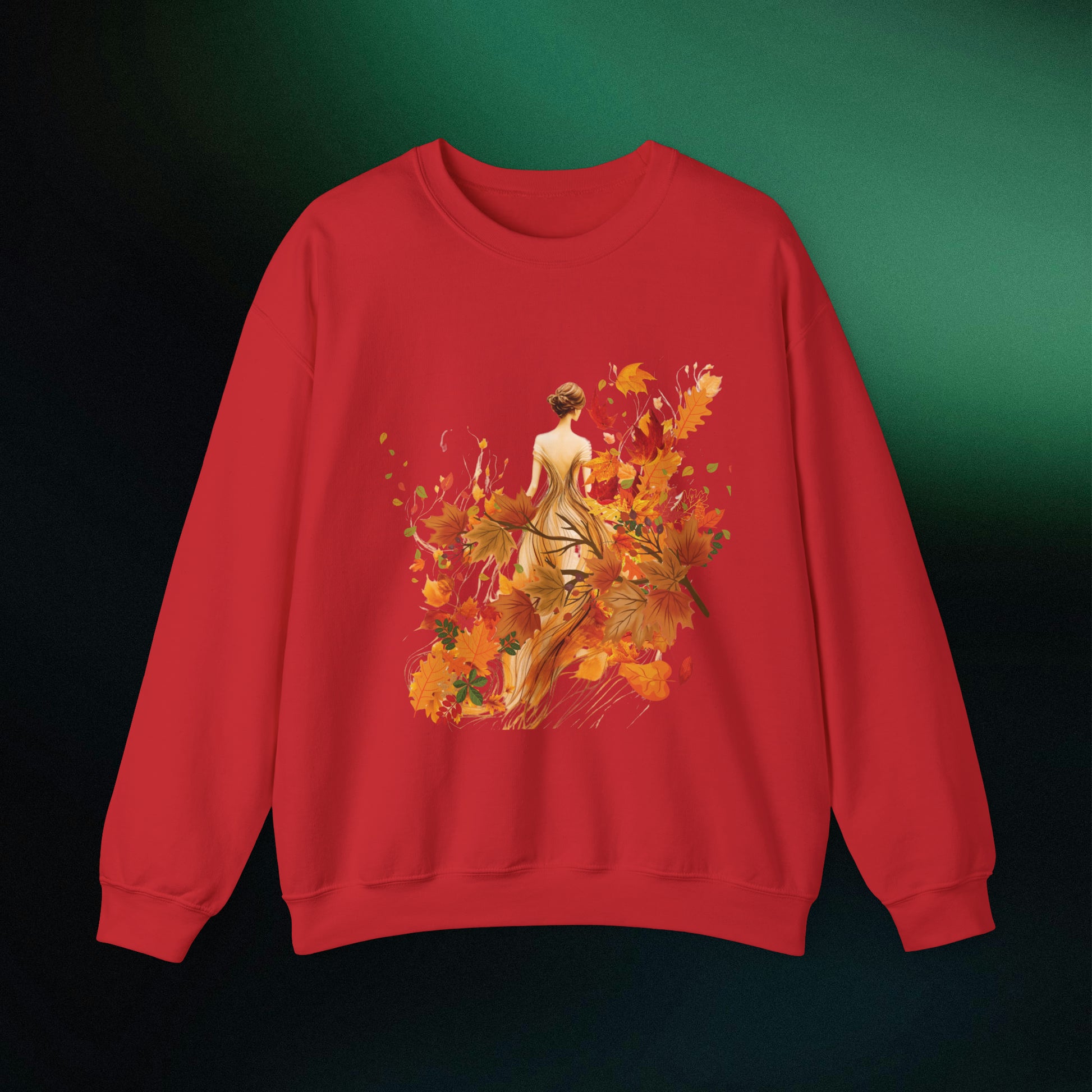 Whimsical Dreams in Autumn Hues: Romantic Dreamy Female Surrounded by Autumn Leaves Sweatshirt Sweatshirt S Red 