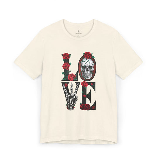 Love, Roses & Bones: Halloween T-Shirt T-Shirt Printify Natural XS