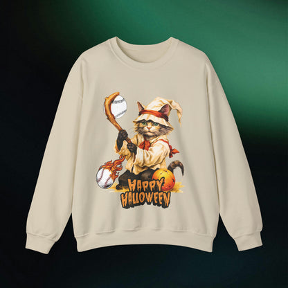 Halloween Cat Baseball Sweatshirt | Playful Feline and Pumpkins - Spooky Sports | Halloween Fun Sweatshirt Sweatshirt S Sand 
