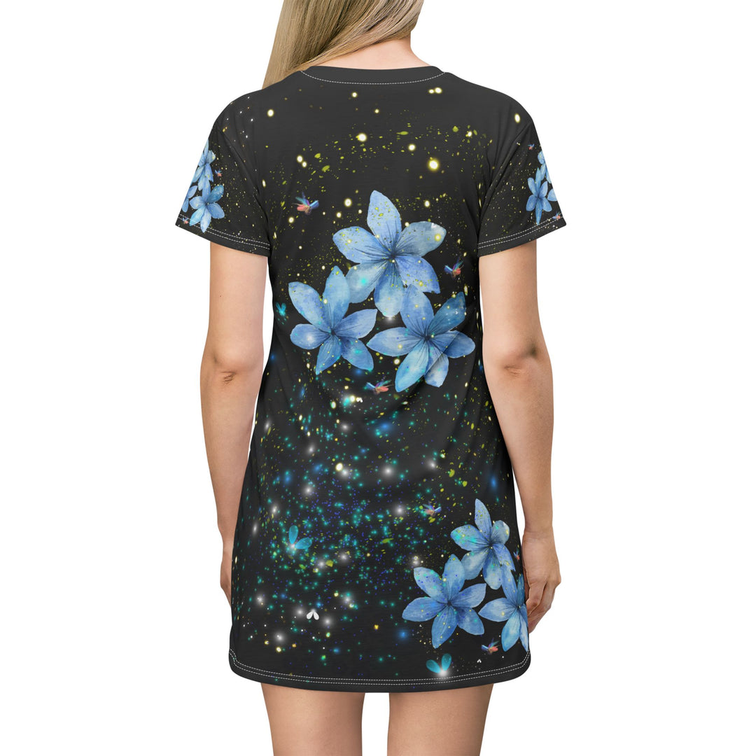 Starry Night T-Shirt Dress with Blue Flowers