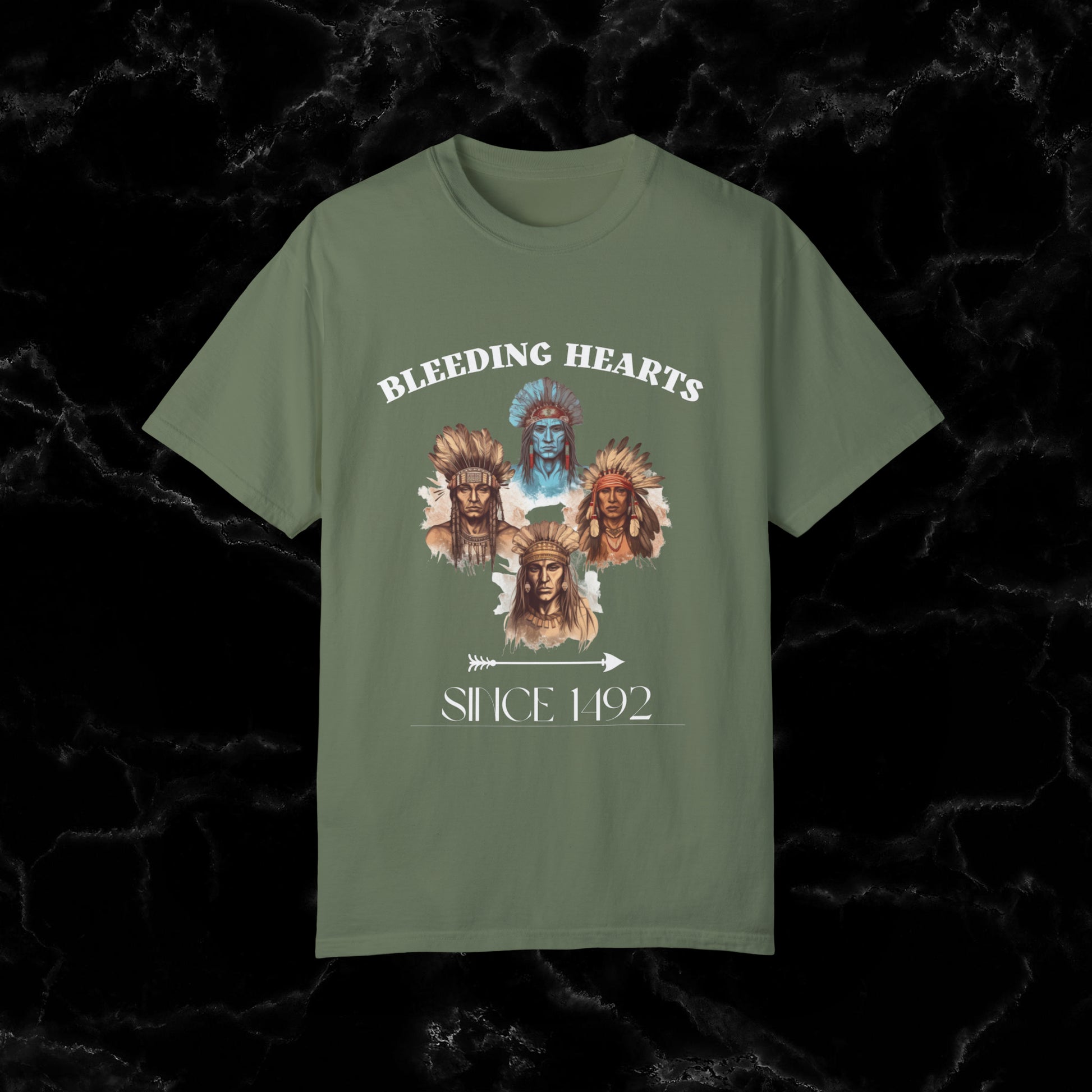 Native American Comfort Colors Shirt - Authentic Tribal Design, Nature-Inspired Apparel, 'Bleeding Hearts since 1492 T-Shirt Moss S 