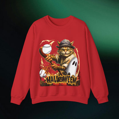 Halloween Cat Baseball Sweatshirt | Playful Feline and Pumpkins | Spooky Sports | Halloween Fun Sweatshirt Sweatshirt S Red 