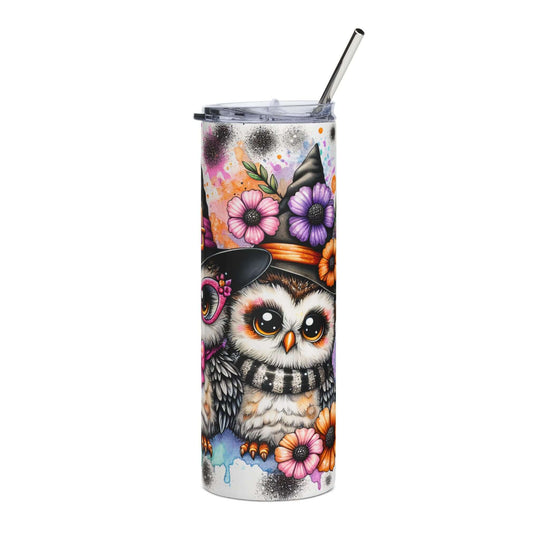 20oz Stainless Steel Tumbler — Cute Witch Owl Halloween Design with Pumpkins & Haunted House Mug Printify