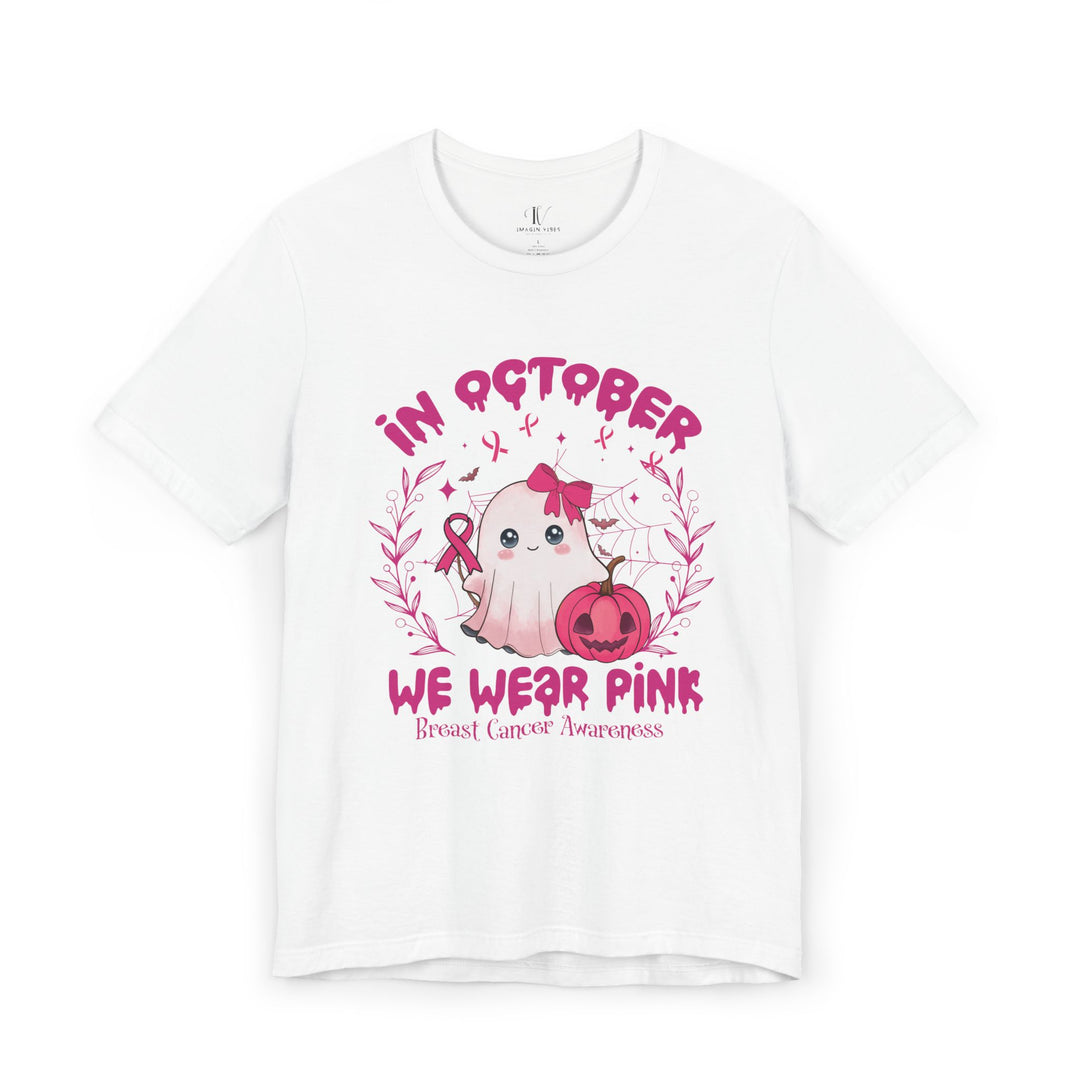 Cute Spooky Ghost Breast Cancer Support "In October We Wear Pink" T-Shirt