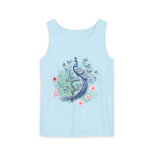 Tank Top - Elegant Blue Peacock and Pink Blossoms Tank Top Printify Chambray XS