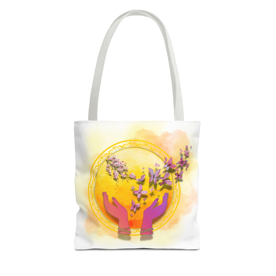 Symbolic Tote Bag with Hands, Orb, Flowers, and Butterflies Bags Printify 13" × 13'' White