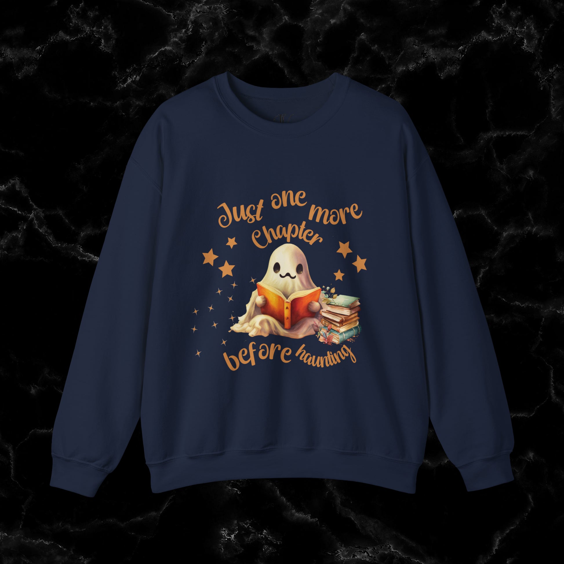 Just One More Chapter Sweatshirt | Book Lover Halloween Sweater - Librarian Sweatshirt - Halloween Student Sweater - Halloween Ghost Book Ghost Sweatshirt S Navy 