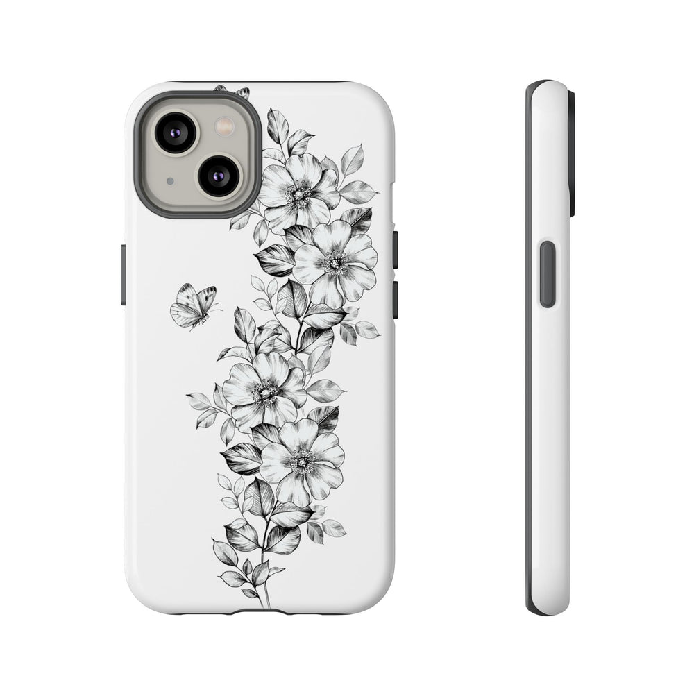 Floral Tough Cases - Vintage Black and White Floral Pattern Phone Case Phone Case Printify iPhone 14 Glossy