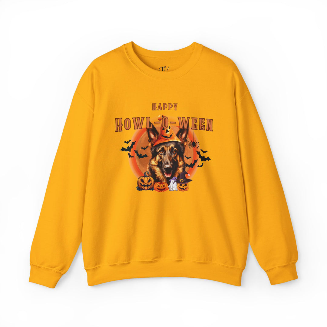 Howl-oween German Shepherd Sweatshirt: Spooky Dog Shirt for Dog Lovers Sweatshirt Printify S Gold