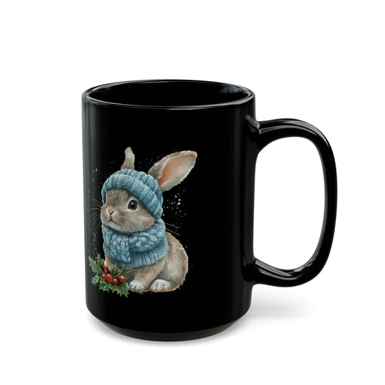 Cute Winter Watercolor Bunny Black Mug