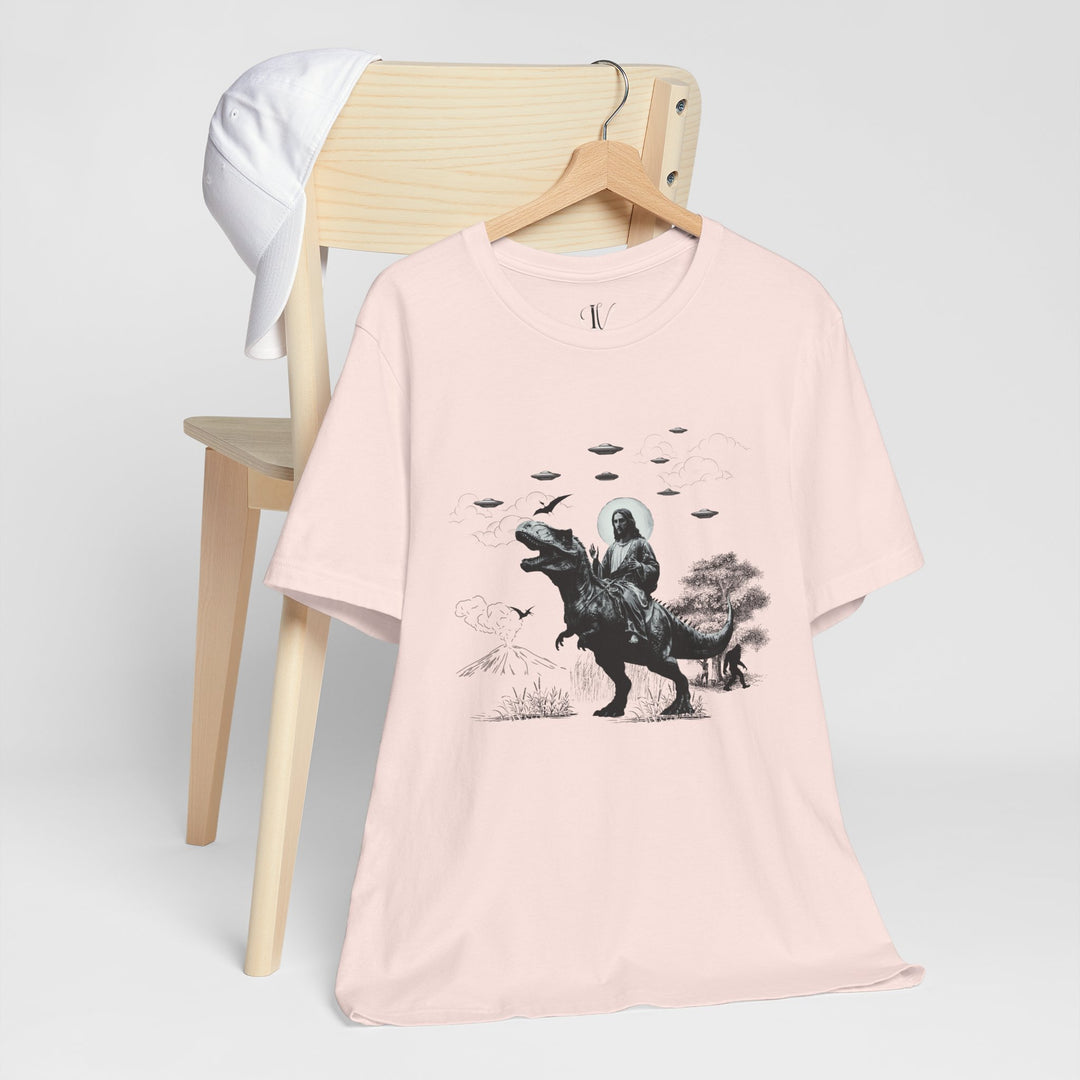 Out-of-This-World Tees: Jesus Riding Dinosaur & UFO T-Shirts (ImaginVibes) T-Shirt Soft Pink XS 
