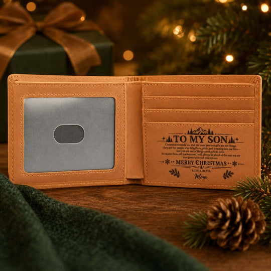 Personalized Christmas engraved leather wallet for son with heartfelt message inside, ideal Christmas gift for son wallet.