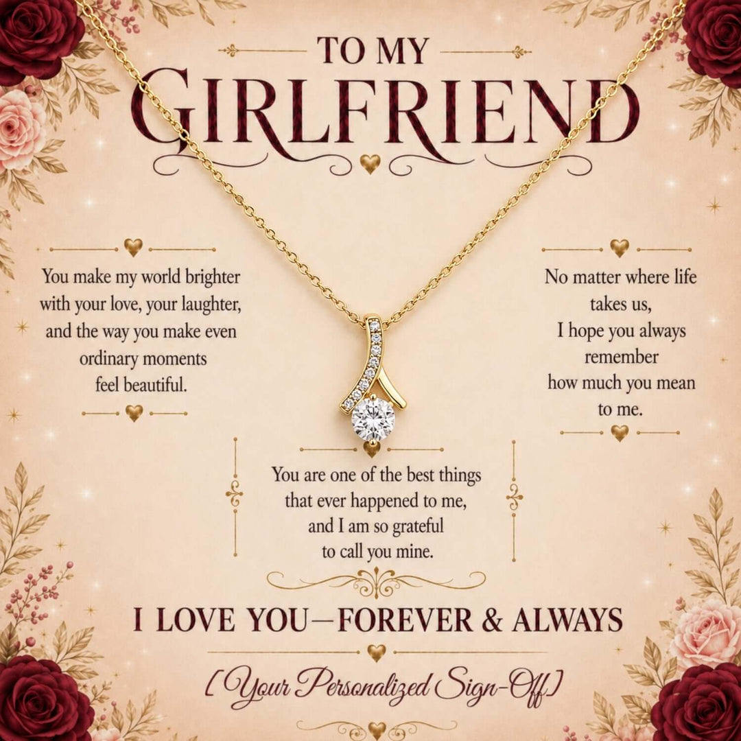 Alluring Beauty Necklace for girlfriend displayed with heartfelt message card.