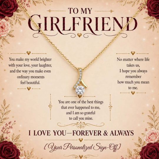 Alluring Beauty Necklace for girlfriend displayed with heartfelt message card.