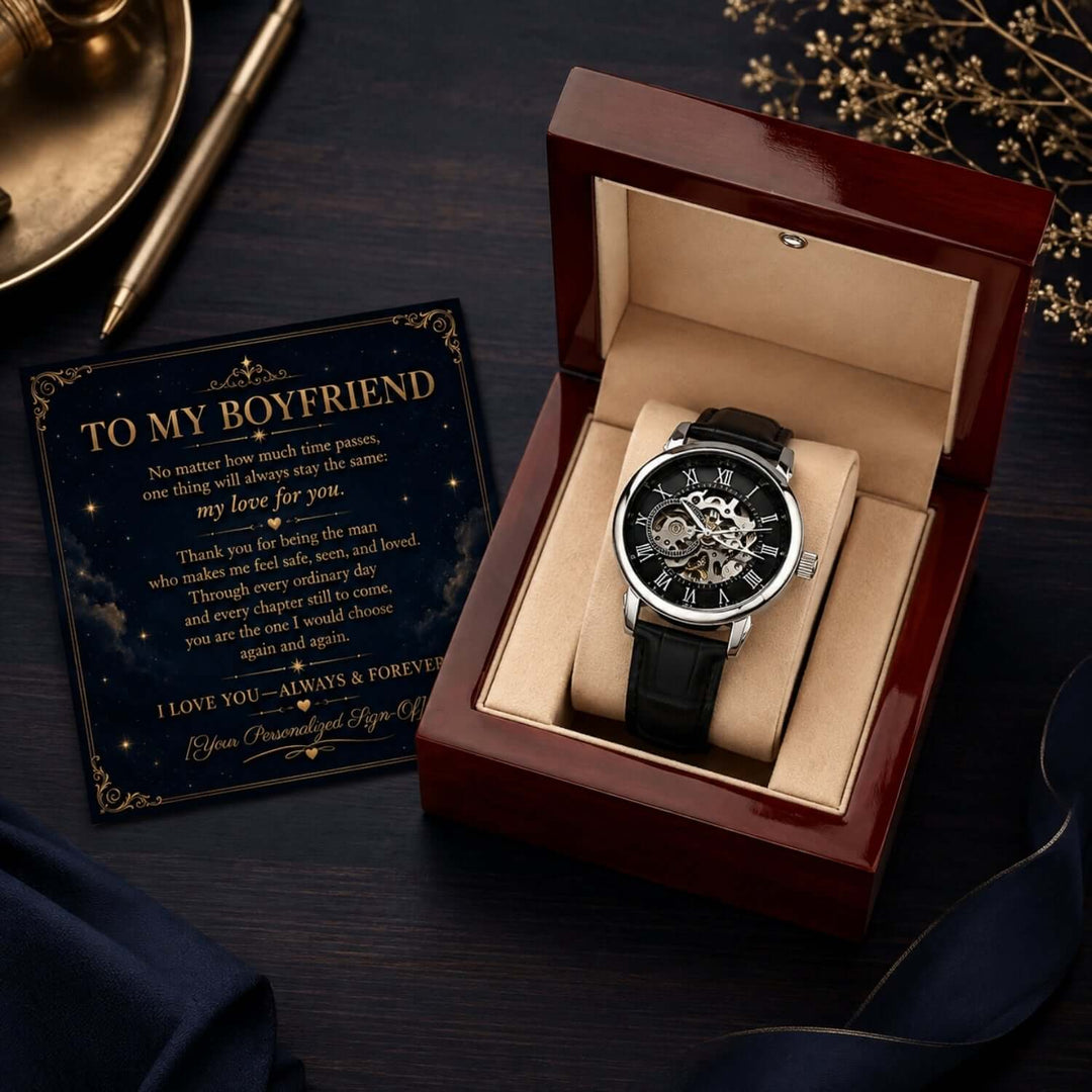 To My Boyfriend automatic skeleton watch gift in a wooden box with heartfelt card, perfect boyfriend watch gift.