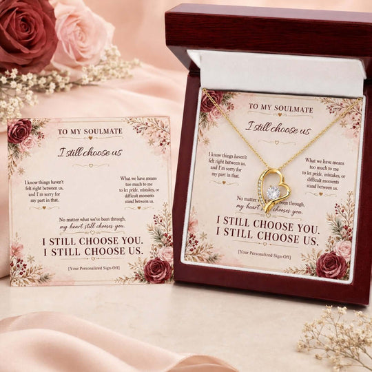 Apology gift for soulmate featuring a necklace and heartfelt message card in a gift box.