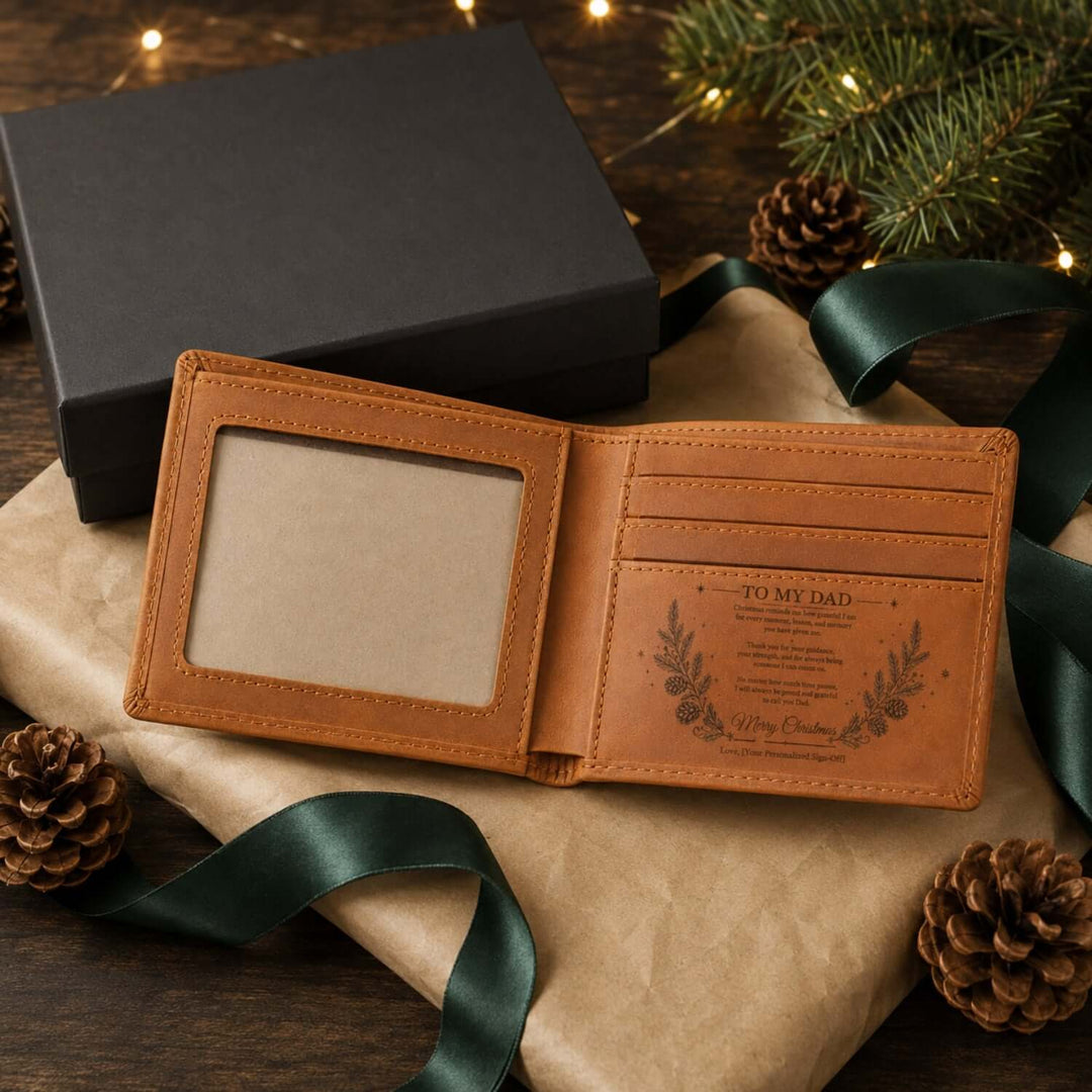 Personalized Christmas Engraved Wallet for Dad, a perfect Christmas gift for Dad showing heartfelt message.