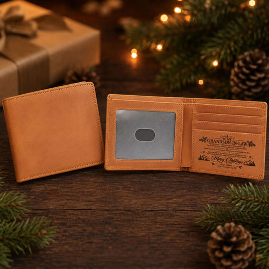 To My Grandson-in-Law Christmas wallet displayed open, showcasing engraved message and wallet design.