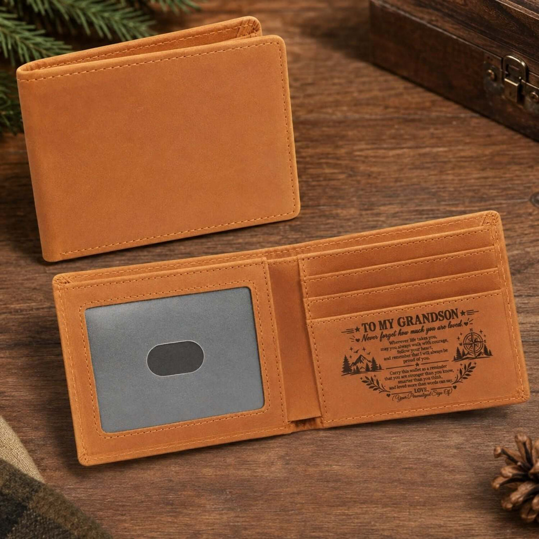 Engraved wallet for grandson showcasing a heartfelt message inside, perfect for gifting.
