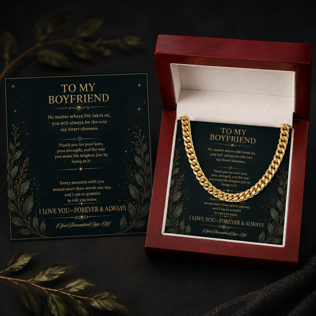 Cuban link chain for boyfriend presented in a red box with heartfelt message card.