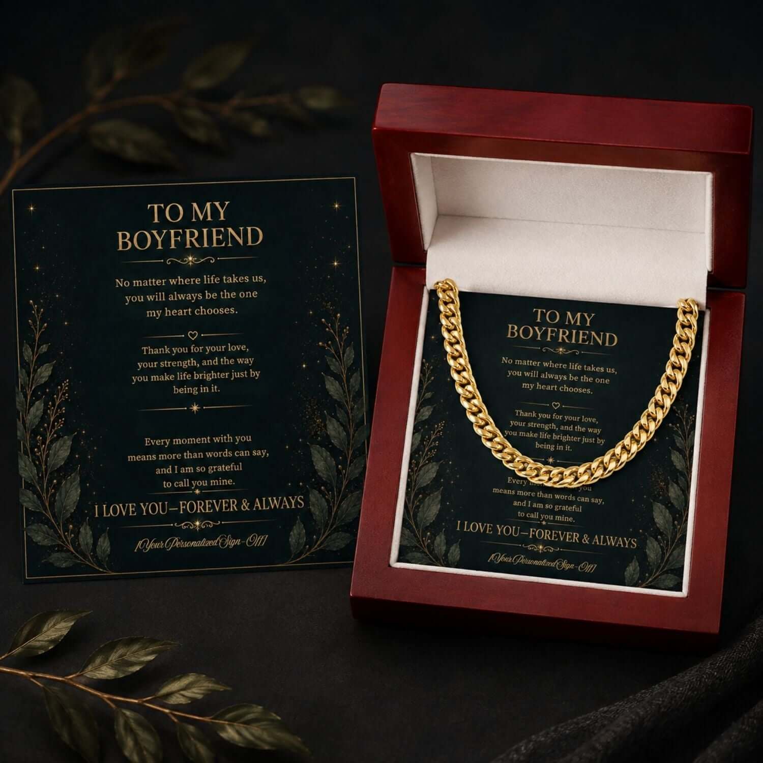 Cuban link chain for boyfriend presented in a red box with heartfelt message card.