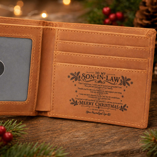 Christmas gift for son-in-law inside of a personalized engraved leather wallet with a heartfelt message.