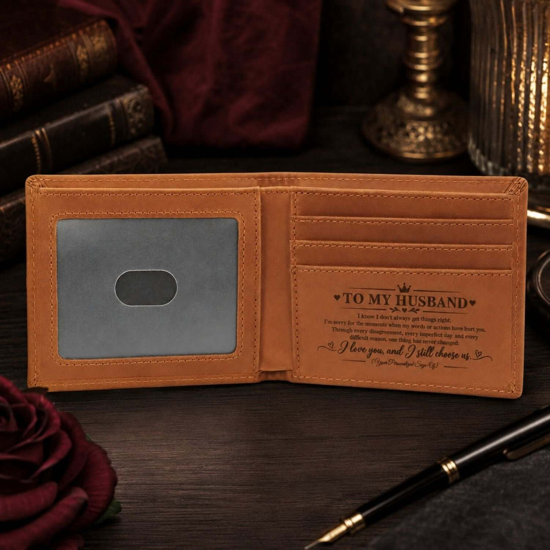 Personalized engraved wallet with hidden apology message, perfect as an apology gift for husband.