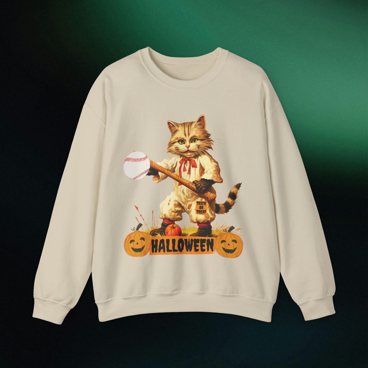 Halloween Cat Baseball Sweatshirt | Happy Halloween - Spooky Sports | Halloween Fun Sweatshirt Sweatshirt S Sand 