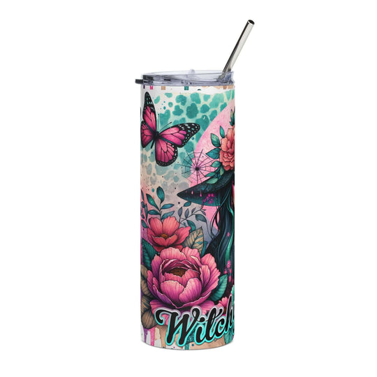 Witchy Vibes 20oz Stainless Steel Tumbler — Pastel Witch, Butterflies & Pumpkin Mug Printify