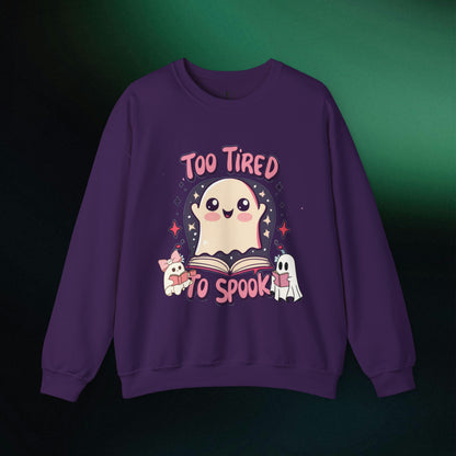Ghost Reading Books Sweater | Bookish Halloween Sweatshirt - Halloween Teacher Gift, Librarian Halloween Hoodie, Ghost Crewneck - 'Too Tired to Spook' Sweatshirt S Purple 