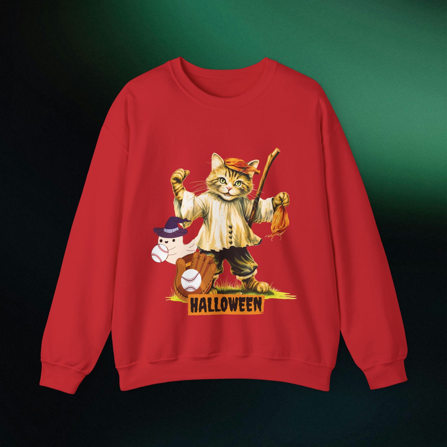 Halloween Cat Baseball Sweatshirt | Playful Feline and Pumpkins | Spooky Sports | Halloween Fun Sweatshirt Sweatshirt S Red 
