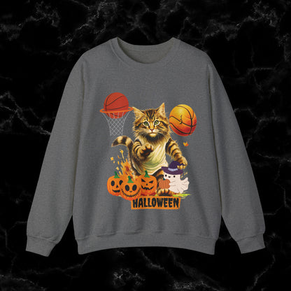 Halloween Cat Basketball Sweatshirt | Playful Feline and Pumpkins | Spooky Sports | Halloween Fun Sweatshirt Sweatshirt S Graphite Heather 