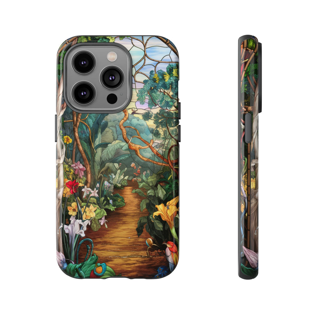 Phone Case - Stained Glass Garden Scene Phone Case Printify iPhone 14 Pro Glossy