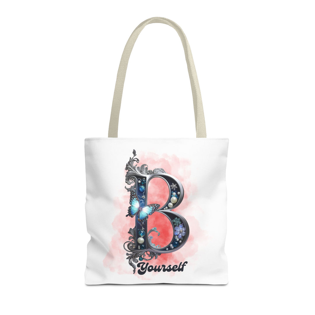 Elegant Feminine Tote Bag with Embellished 'B' and 'Yourself' Bags Printify 16" × 16'' Beige