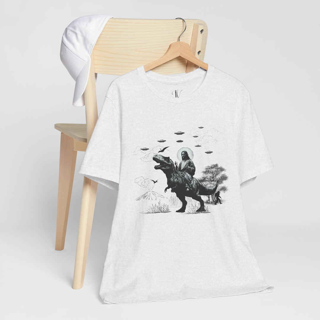 Out-of-This-World Tees: Jesus Riding Dinosaur & UFO T-Shirts (ImaginVibes) T-Shirt Ash XS 