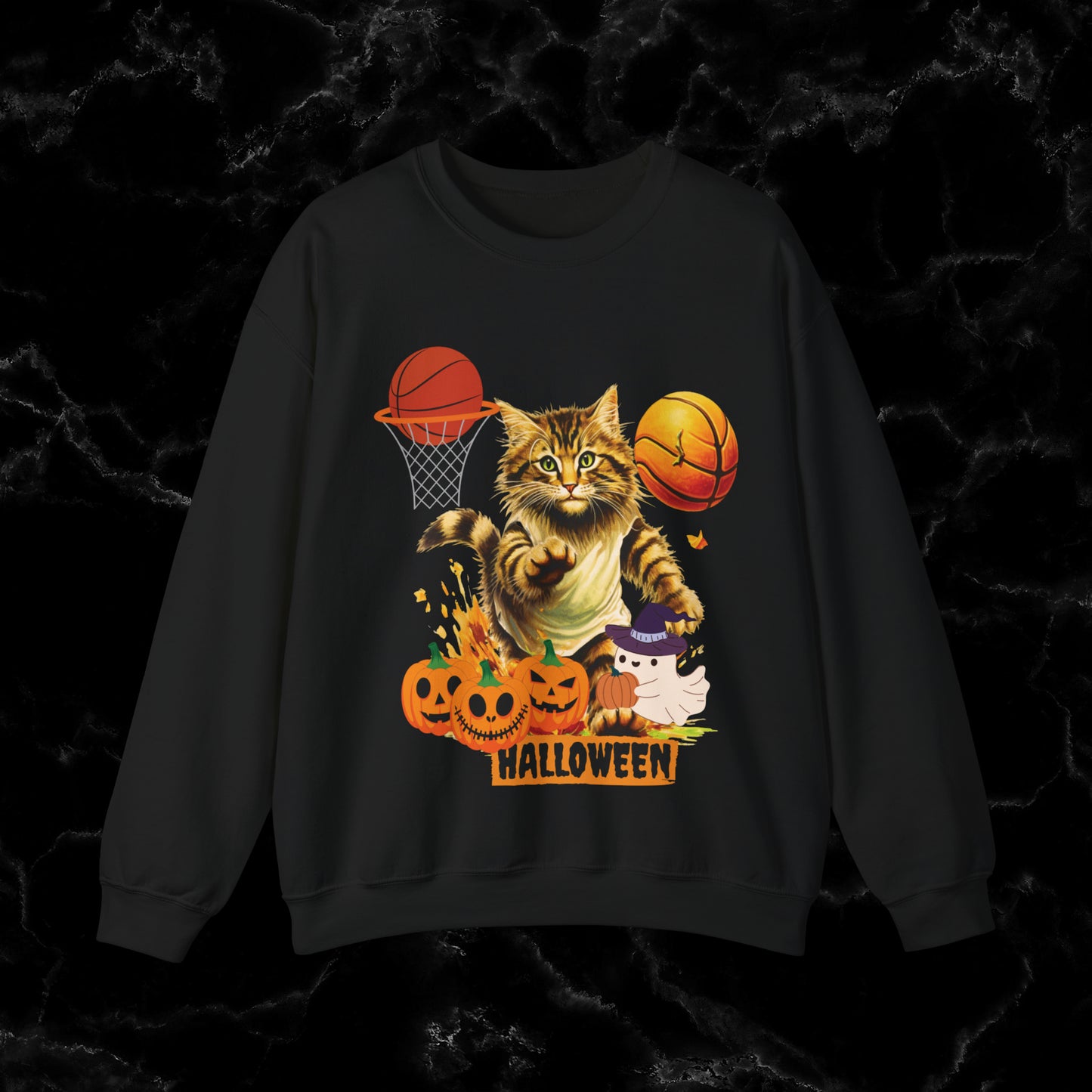 Halloween Cat Basketball Sweatshirt | Playful Feline and Pumpkins | Spooky Sports | Halloween Fun Sweatshirt Sweatshirt S Black 