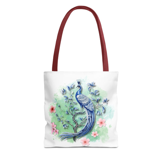 Peacock Tote Bag - Elegant and Delicate Floral Branch Bags Printify 13" × 13'' Red