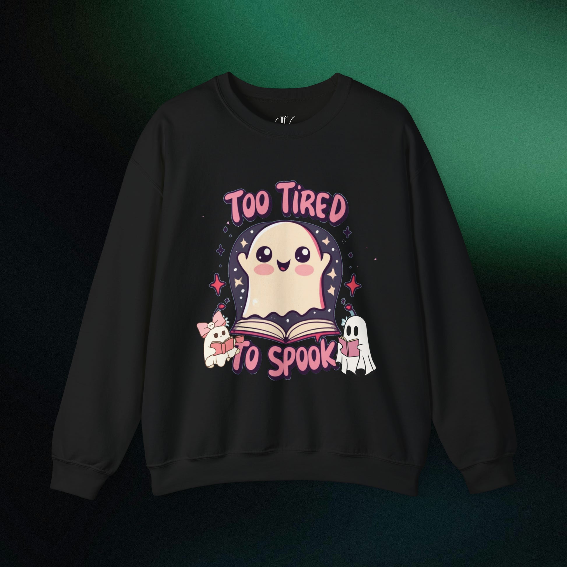 Ghost Reading Books Sweater | Bookish Halloween Sweatshirt - Halloween Teacher Gift, Librarian Halloween Hoodie, Ghost Crewneck - 'Too Tired to Spook' Sweatshirt S Black 
