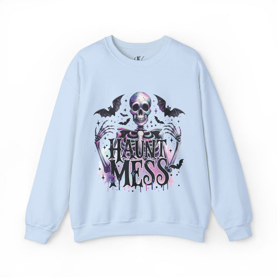 Haunt Mess: Snarky Skeleton Halloween Sweatshirt Sweatshirt Printify S Light Blue